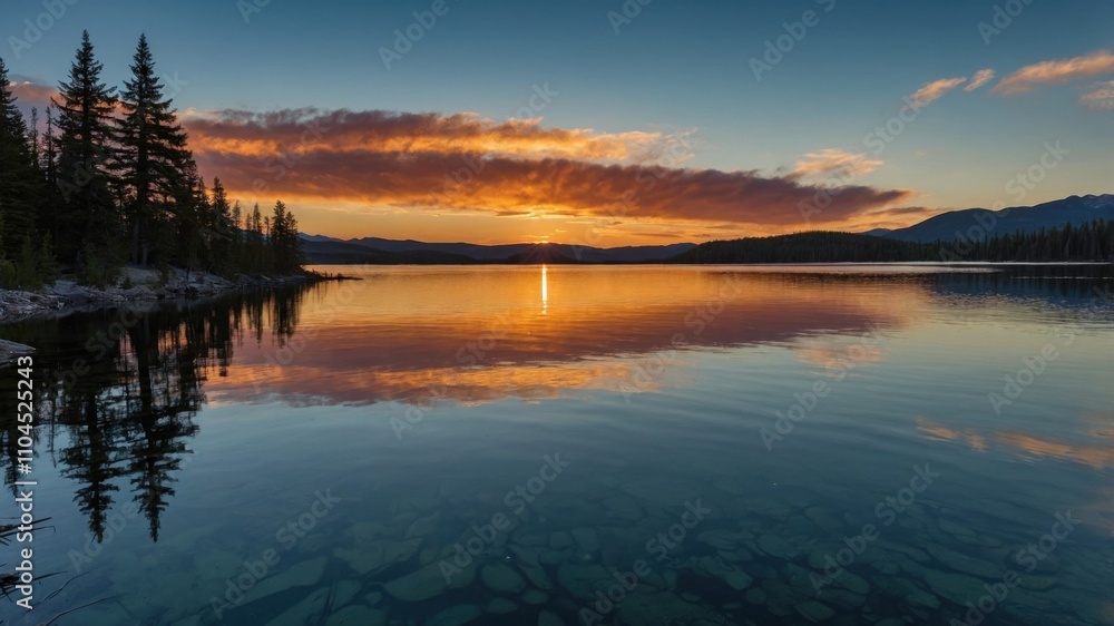 Golden sunset reflecting on a serene lake surrounded by mountains and pine trees in early evening Golden sunset reflecting on a serene lake surrounded by mountains and pine trees in early evening