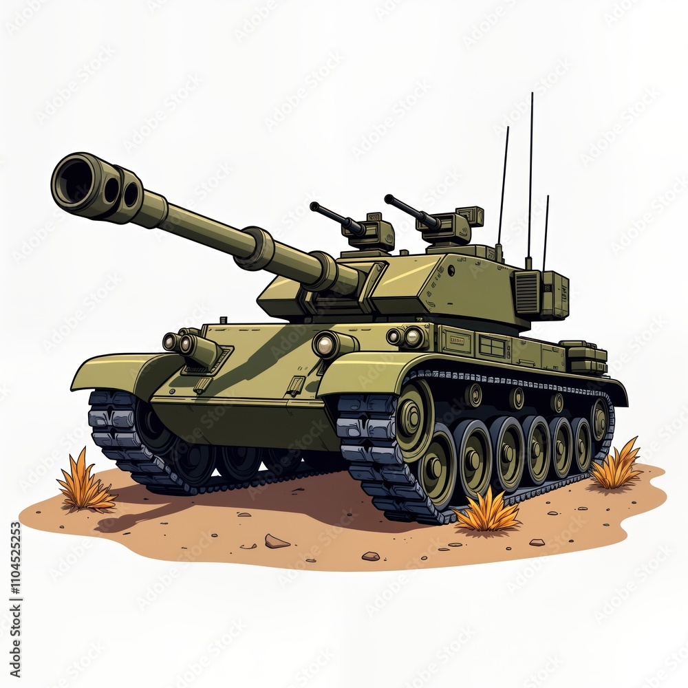 Cartoon military tank illustration. Heavy green armored vehicle. Powerful tank with large cannon on desert terrain. Military army vehicle illustration on transparent background. Great for war battle Cartoon military tank illustration. Heavy green armored vehicle. Powerful tank with large cannon on desert terrain. Military army vehicle illustration on transparent background. Great for war battle