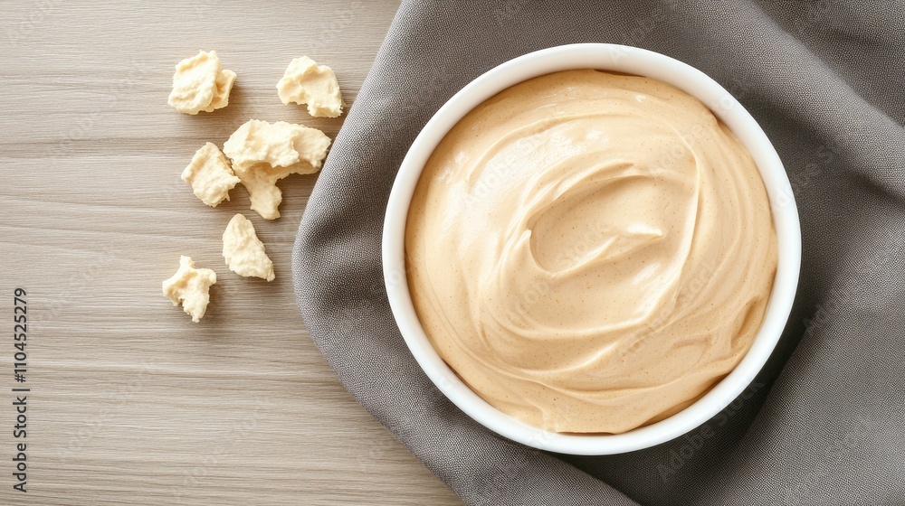 Creamy honey mustard sauce is elegantly arranged in a white bowl atop a rustic wooden table, accompanied by a soft gray cloth Creamy honey mustard sauce is elegantly arranged in a white bowl atop a rustic wooden table, accompanied by a soft gray cloth