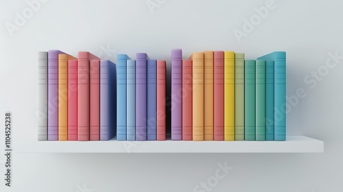 A colorful arrangement of books on a white shelf, showcasing a variety of vibrant spines.