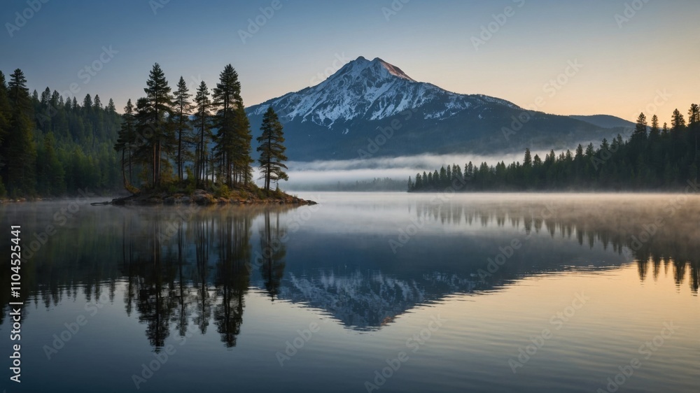 Majestic mountain reflecting on calm lake surrounded by pines at dawn with mist rising Majestic mountain reflecting on calm lake surrounded by pines at dawn with mist rising