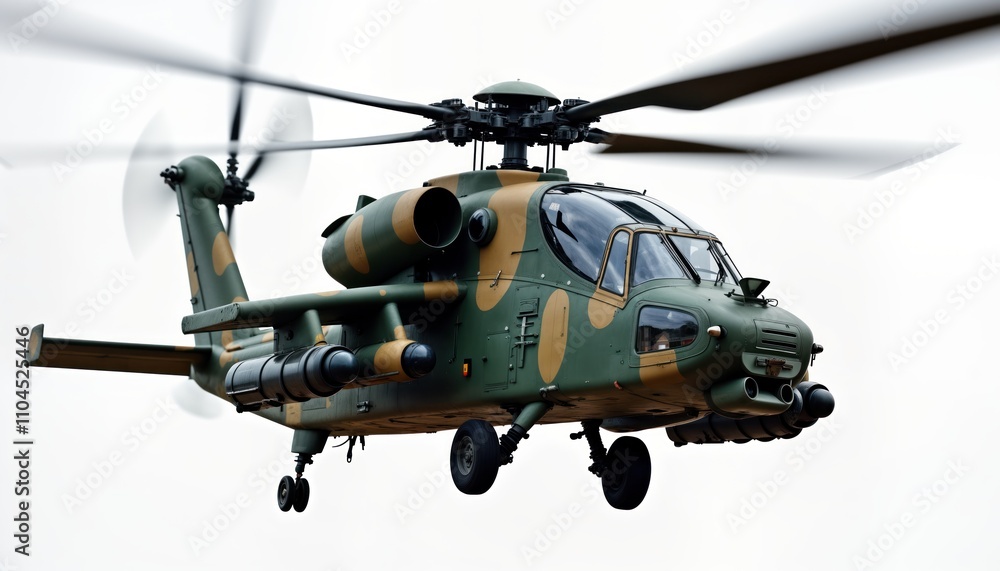 Powerful military helicopter in flight against white background. Camouflage design. Military aircraft in motion. Aircraft strong, robust. Powerful engine, rotors visible. High tech military vehicle. Powerful military helicopter in flight against white background. Camouflage design. Military aircraft in motion. Aircraft strong, robust. Powerful engine, rotors visible. High tech military vehicle.