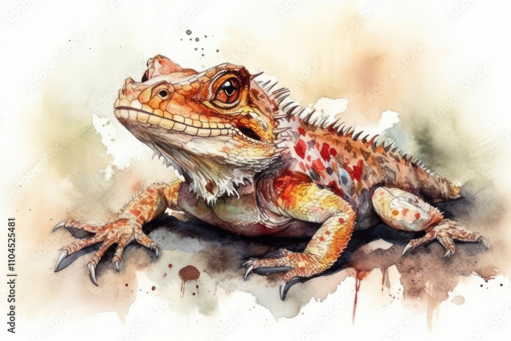 Obraz premium Watercolor illustration of a chameleon on a white background.