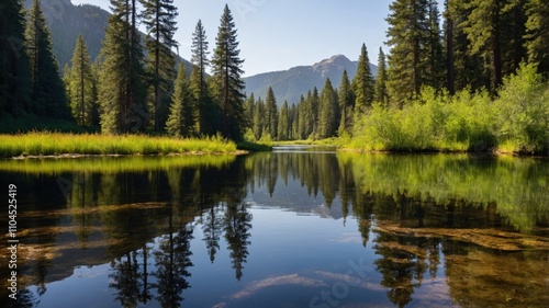 Tranquil river flows through lush pine forest on a sunny day in the mountains