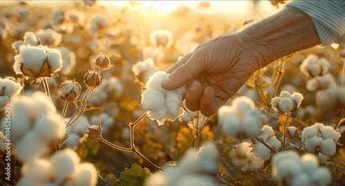 Close-up photo of a worker picking cotton bolls by hand.   photo