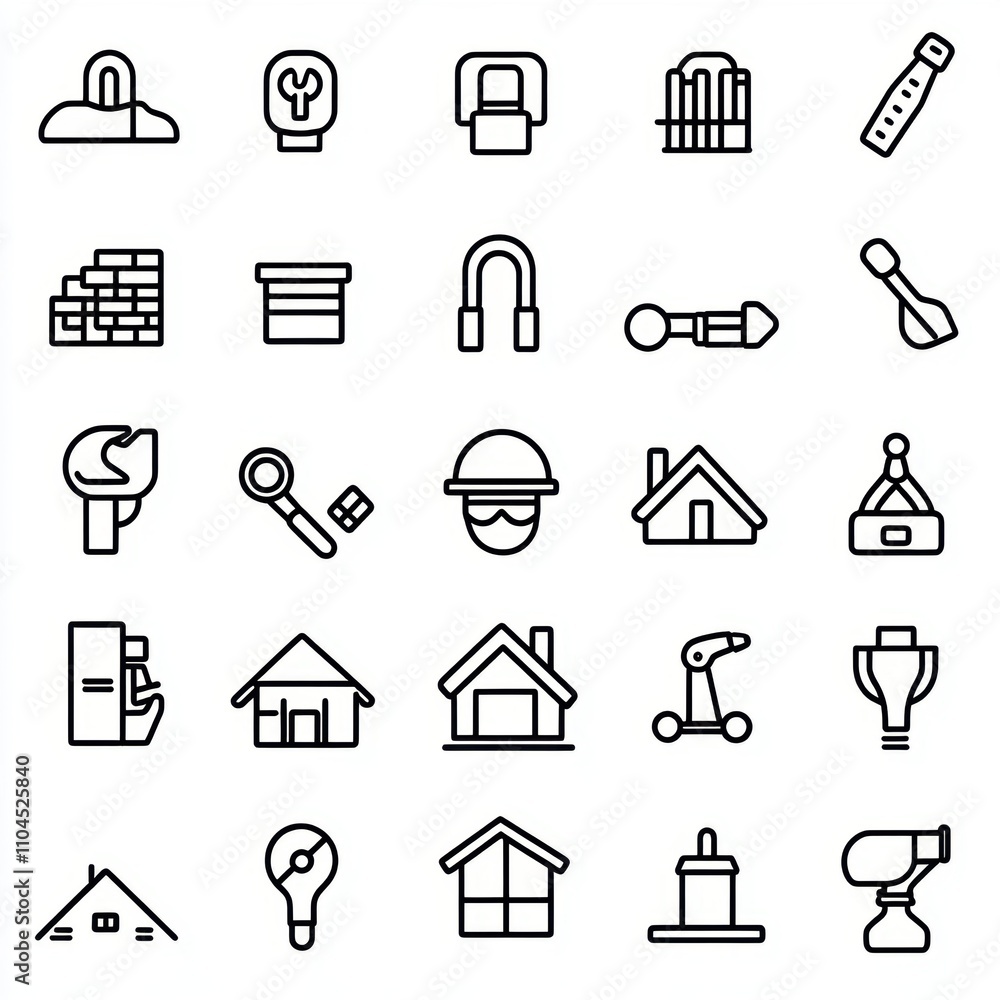 A collection of line icons representing various tools and construction elements. A collection of line icons representing various tools and construction elements.