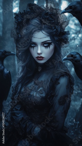 Mysterious anime girl in gothic attire, surrounded by ravens, dark forest in the background, detailed lace and textures photo