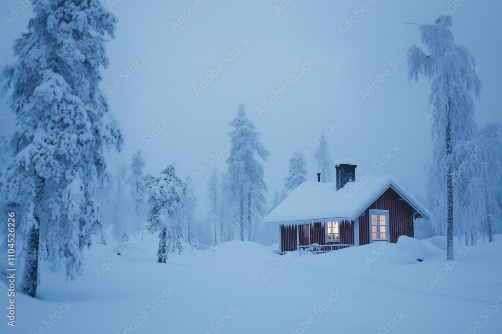 Cozy wooden house in Finland, surrounded by snow Cozy wooden house in Finland, surrounded by snow