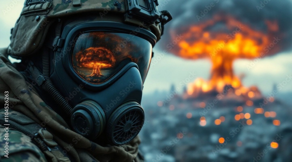 A close-up portrait image of a soldier in a gas mask A close-up portrait image of a soldier in a gas mask