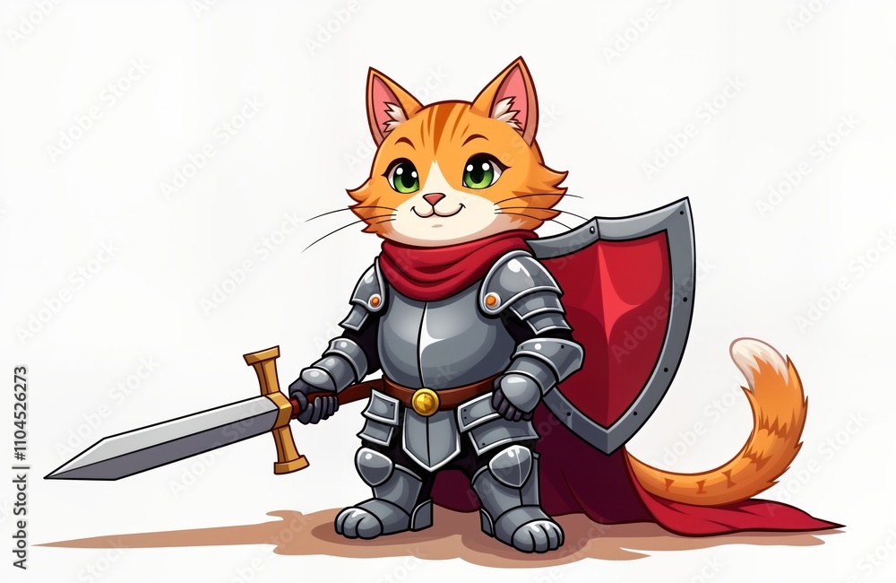 Obraz premium Cute orange cat dressed in medieval knight armor. Cat warrior holds sword, shield. Cartoon animal illustration. Fantasy style. Suitable for kids media. Strong, protective character. Isolated on white