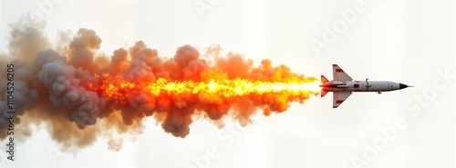 Missile launch in sky. Powerful jet propulsion system. Large orange flames, smoke trail. Fast military aircraft taking off. High-speed flight. Warfare concept. Modern technology. Defense industry. photo