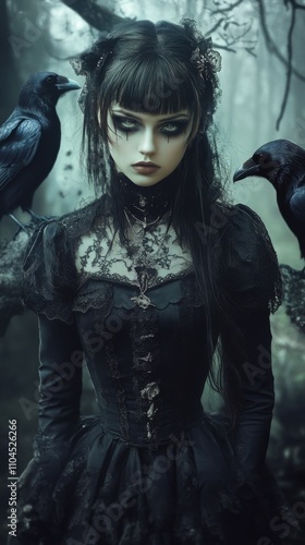 Mysterious anime girl in gothic attire, surrounded by ravens, dark forest in the background, detailed lace and textures photo