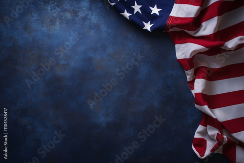 American flag on dark blue background with copy space, patriotic holidays