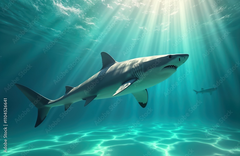 Fototapeta premium Dangerous shark in swimming pool. Summer holiday horror scenario. Animal predator in holiday resort. Swimming pool danger. Vacation nightmare. Risk to swimmers. Fear, stress. AI generated image.