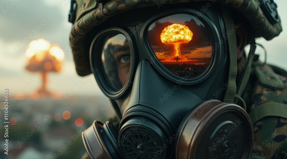 A close-up portrait image of a soldier in a gas mask A close-up portrait image of a soldier in a gas mask