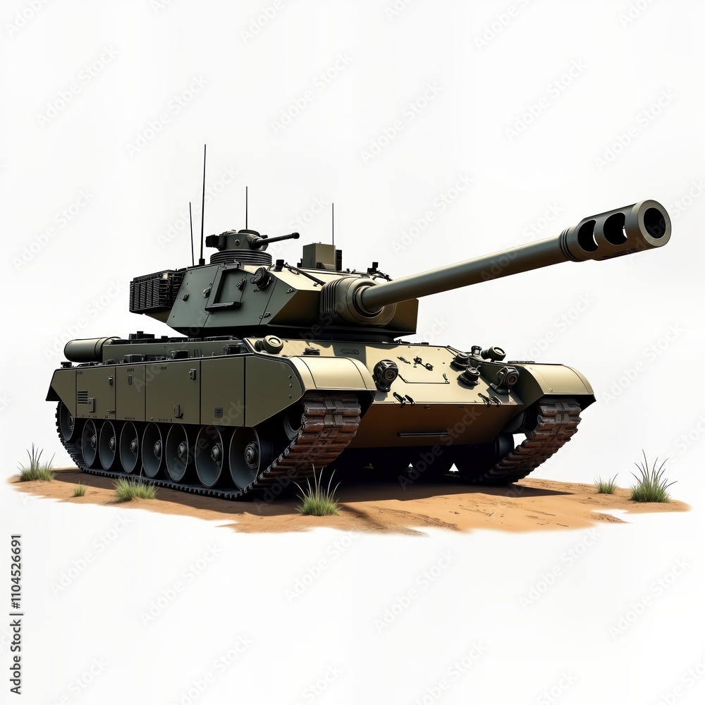 Military tank stands on sandy terrain. Powerful armored vehicle with long cannon. Modern heavy war machine. Isolated on white background. Modeling of combat vehicle. Plastic model toy graphic