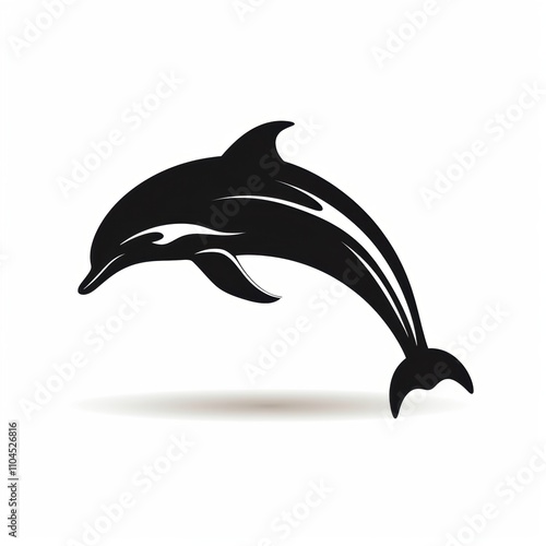 Elegant black silhouette of a dolphin leaping gracefully against a white background. photo