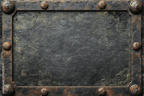 A worn metal plate with riveted edges and a rough, textured surface, evoking a tough and industrial mood.