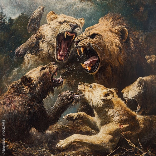 Fierce lion, lioness, bear, and cub confrontation. photo