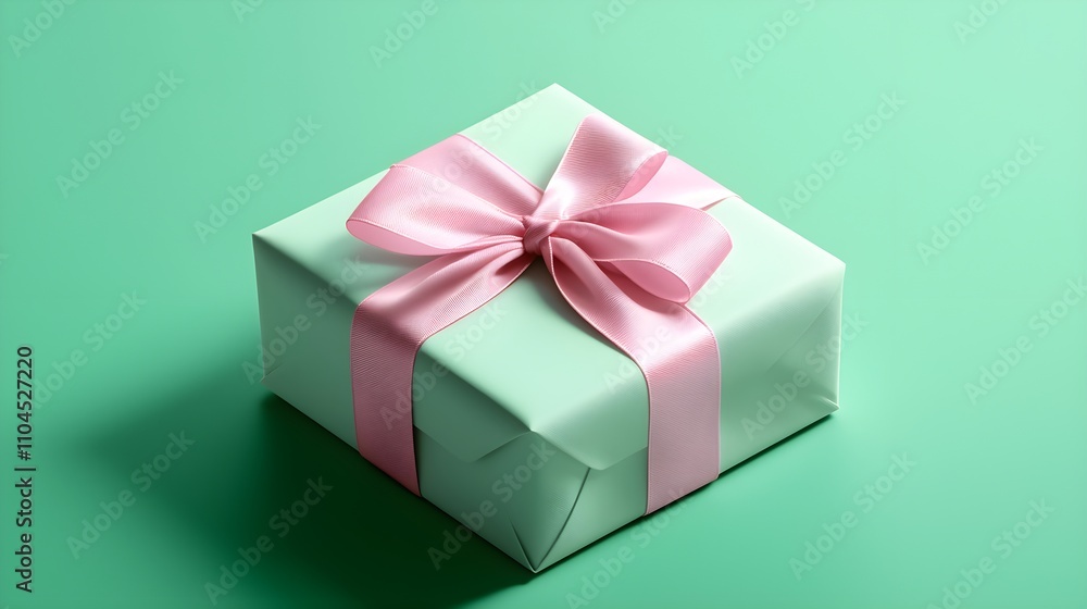 Close-up of a neatly wrapped gift with a vivid pink bow, centered on a bold green background, minimalistic and joyful atmosphere, soft shadows Close-up of a neatly wrapped gift with a vivid pink bow, centered on a bold green background, minimalistic and joyful atmosphere, soft shadows