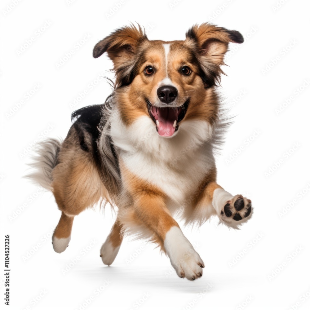 A happy tri-color Collie dog joyfully running with its tongue out, showcasing its playful spirit against a white backdrop. A happy tri-color Collie dog joyfully running with its tongue out, showcasing its playful spirit against a white backdrop.