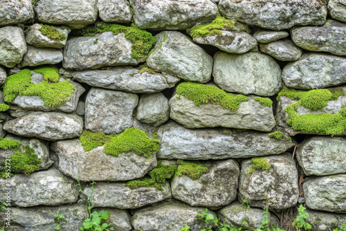 Moss-covered stone texture, showcasing lush green layers of moss growing unevenly over weathered, rough gray rock, detailed and organic