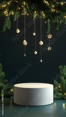 Sometric view boxlike podium, modern, elegant, and at the top is a christmas festoon hanging photo