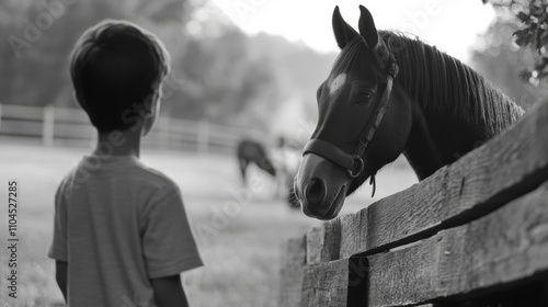 Lad peers at steed over barrier photo