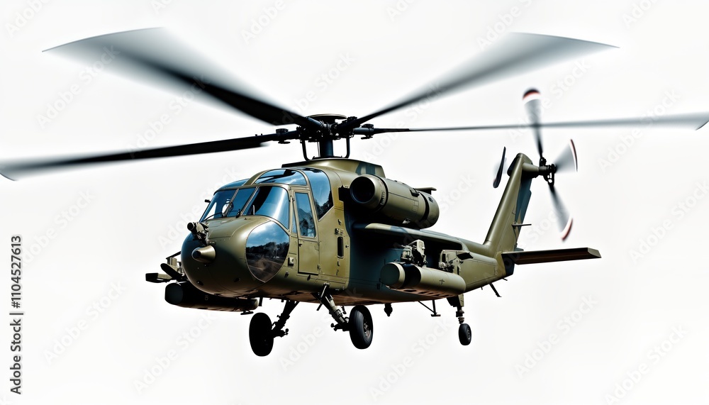 Military helicopter in flight against white background. Modern military aircraft in motion. Fast moving blades. Warplane, tactical transport, airborne, airborne military vehicle. Helicopter in Military helicopter in flight against white background. Modern military aircraft in motion. Fast moving blades. Warplane, tactical transport, airborne, airborne military vehicle. Helicopter in