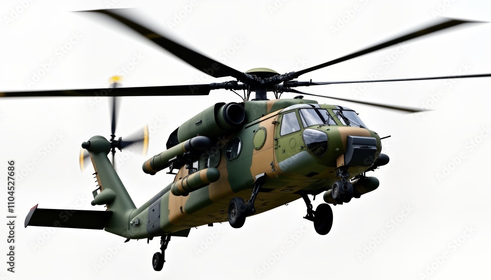 Military helicopter in flight. Modern military aircraft in mid-air. Camouflage pattern on surface. Fast speed, maneuverability of aircraft. High-tech weaponry. Defense system concept. Strategic Military helicopter in flight. Modern military aircraft in mid-air. Camouflage pattern on surface. Fast speed, maneuverability of aircraft. High-tech weaponry. Defense system concept. Strategic