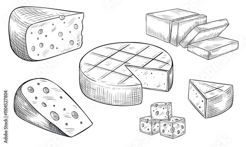 Vector illustration with slices of Cheese. Linear drawing of dairy products painted by black inks for cookbook or menu. Outline etching of food. Monochrome etching of gouda or cheddar in retro style.