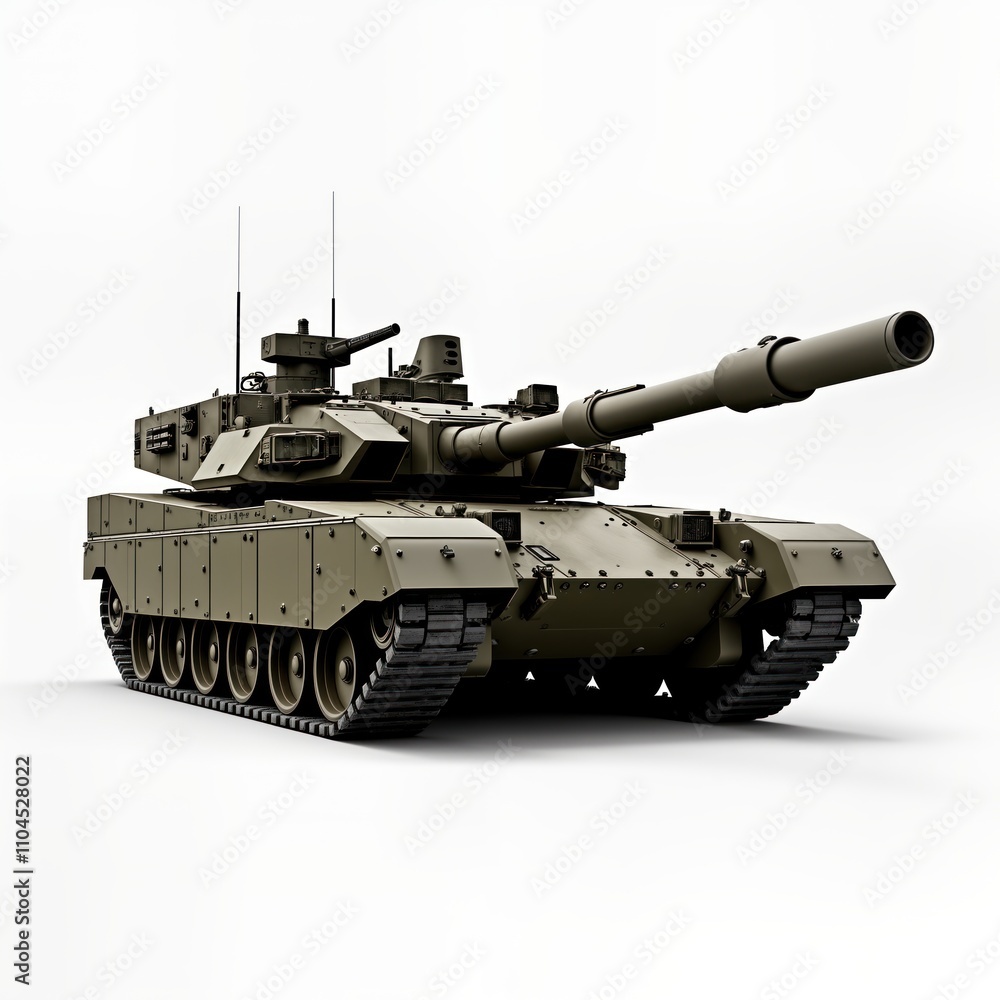 Modern battle tank stands isolated on white background. Powerful military equipment. Combat vehicle features advanced tech. Heavy armed armored vehicle. Tank weaponry. Defense force. Armed conflict. Modern battle tank stands isolated on white background. Powerful military equipment. Combat vehicle features advanced tech. Heavy armed armored vehicle. Tank weaponry. Defense force. Armed conflict.