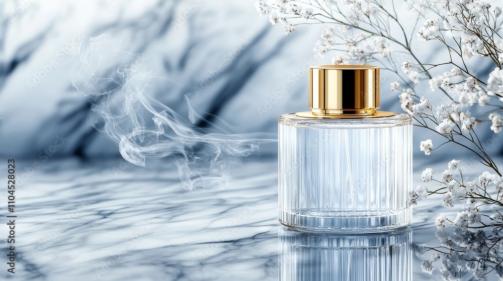 Luxurious perfume scene with smoke-like fragrance trails, delicate floral accents, gold-trimmed bottle, set on a reflective marble surface Luxurious perfume scene with smoke-like fragrance trails, delicate floral accents, gold-trimmed bottle, set on a reflective marble surface