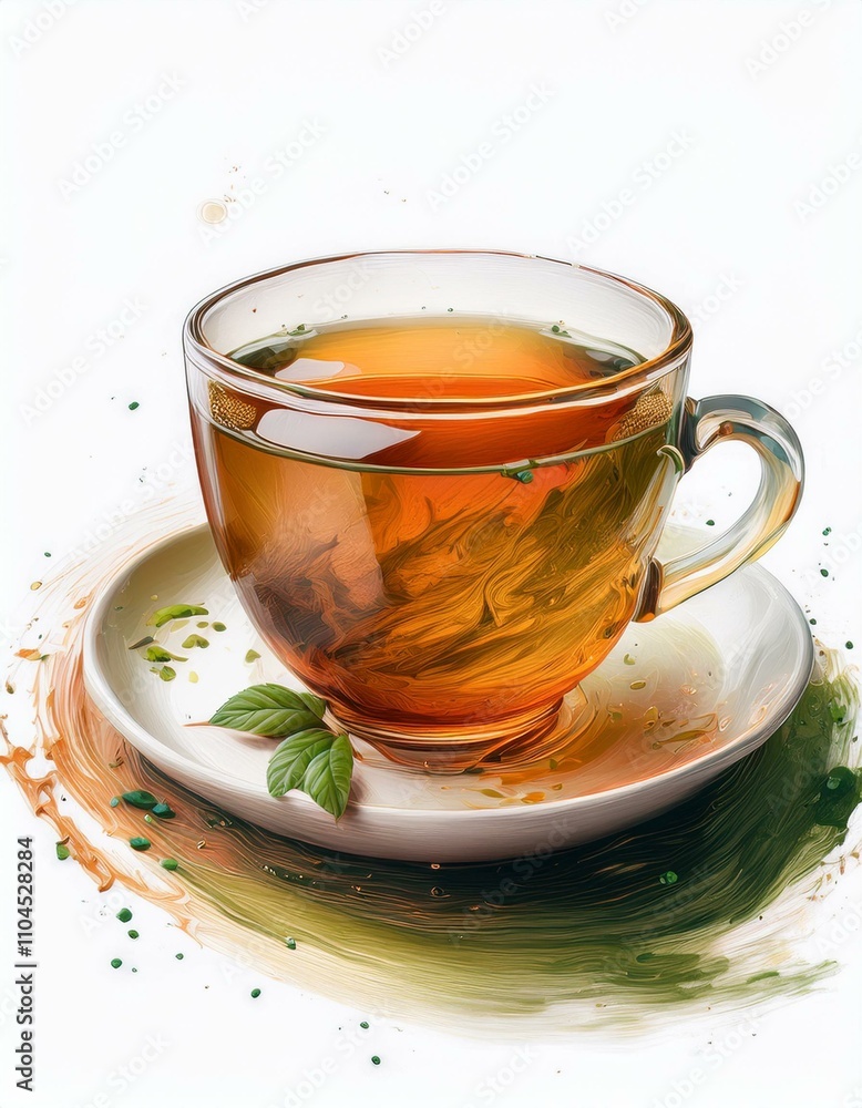 Watercolor-inspired illustration of a transparent teacup with soft gradients and vibrant splashes on a white background Watercolor-inspired illustration of a transparent teacup with soft gradients and vibrant splashes on a white background