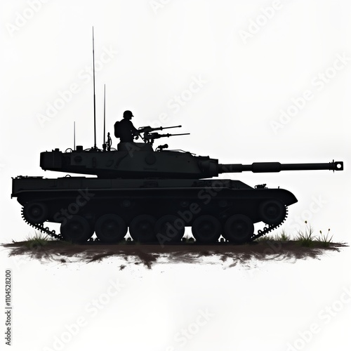 Military tank silhouette illustration. Soldier inside tank. Tank moving on ground. Simple black, white graphic. Strong military image. Powerful defense vehicle. Army battle scene. Tank vehicle for