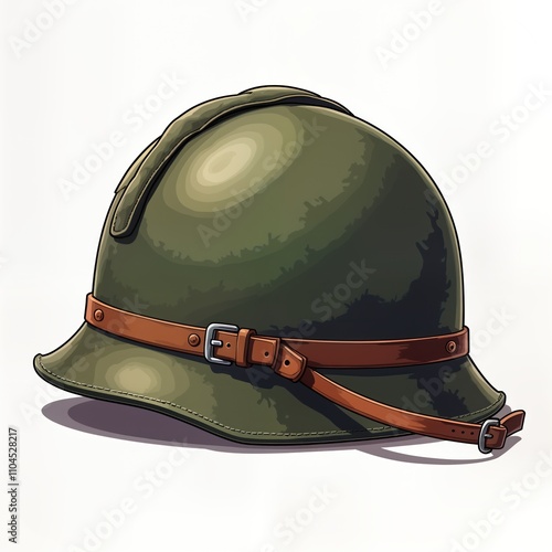 Retro military helmet. Protective equipment. Vintage style. Old-fashioned design. Green color. Brown leather strap. Isolated on white background. Historic head protection. Traditional military gear. photo