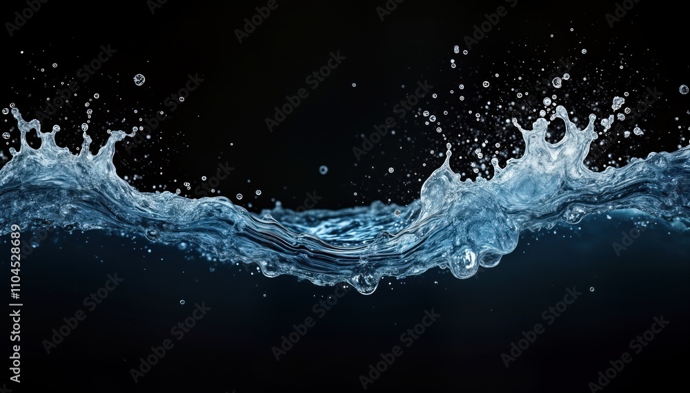 Water splash art. Liquid movement in mid air. Dynamic wave and ripple effects. Clear and transparent water. High speed action. Isolated on a black background. Artistic and elegant design. Water splash art. Liquid movement in mid air. Dynamic wave and ripple effects. Clear and transparent water. High speed action. Isolated on a black background. Artistic and elegant design.