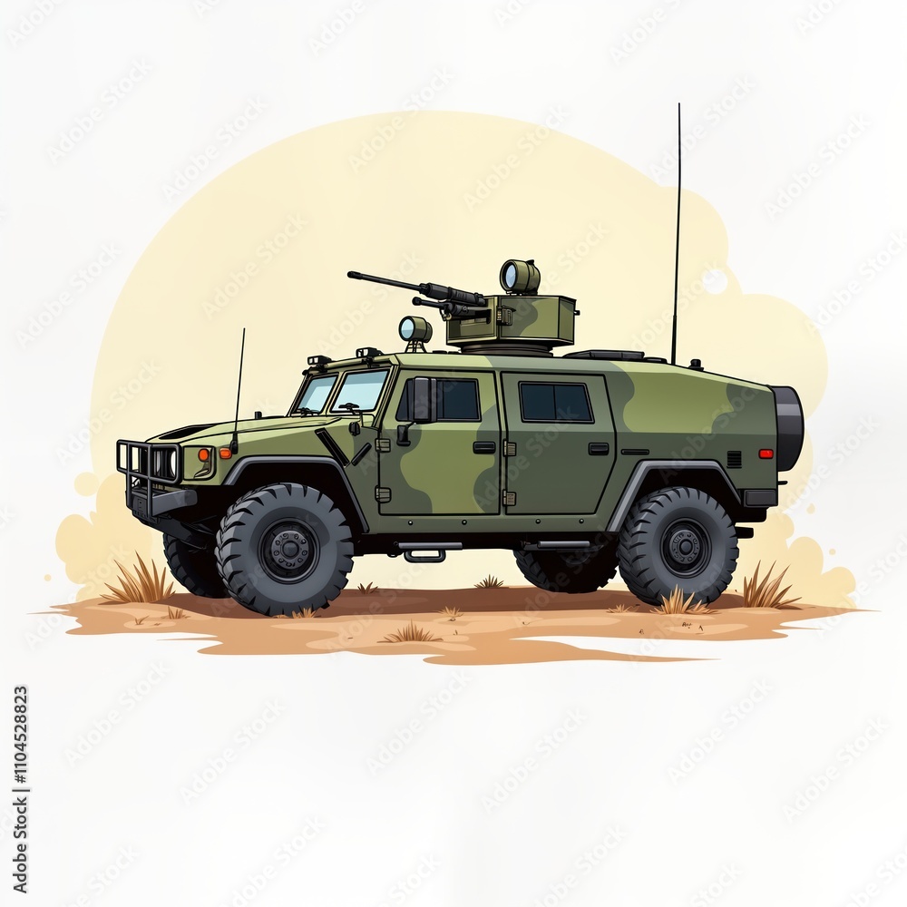 Military vehicle stands in desert landscape. Camouflage pattern on its body. Equipped with weaponry on top. Ready for deployment. Potentially used for patrols or protection. Military vehicle stands in desert landscape. Camouflage pattern on its body. Equipped with weaponry on top. Ready for deployment. Potentially used for patrols or protection.
