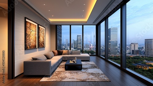 Modern living room design city skyscraper view interior decor urban environment contemporary lifestyle concept