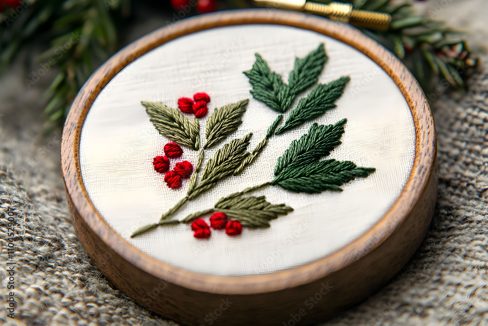 Embroidery showcasing holly leaves and berries on a wooden hoop, perfect for holiday decoration Embroidery showcasing holly leaves and berries on a wooden hoop, perfect for holiday decoration