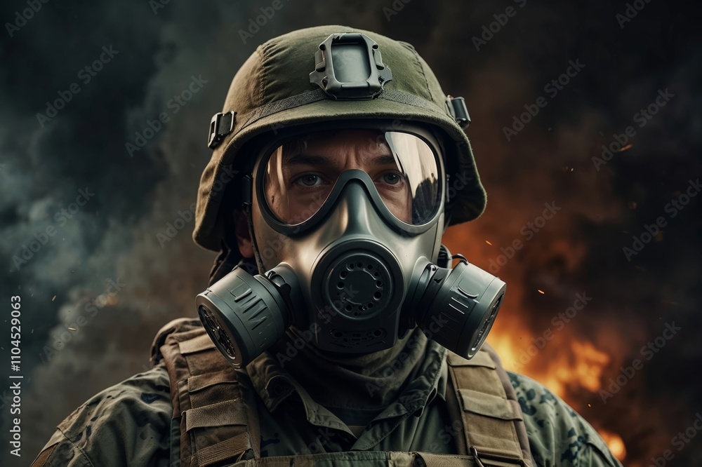 A close-up portrait image of a soldier in a gas mask A close-up portrait image of a soldier in a gas mask