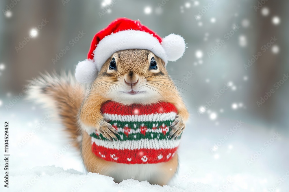 A cute chipmunk in winter with winter clothes like Santa Claus stands on the snow, Christmas style hat and sweater. Funny animals in winter. cute expression on the chipmunk. A cute chipmunk in winter with winter clothes like Santa Claus stands on the snow, Christmas style hat and sweater. Funny animals in winter. cute expression on the chipmunk.