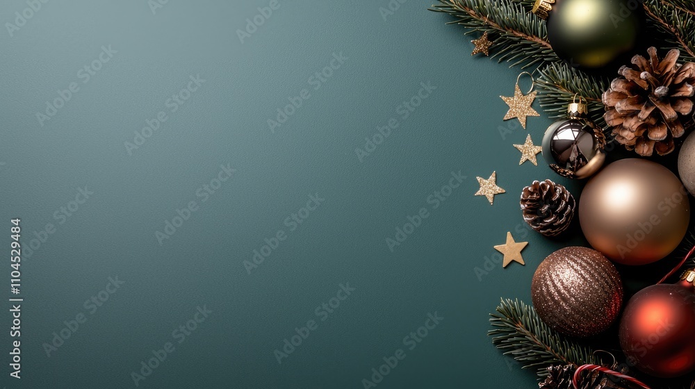 Holiday decorations with ornaments and pinecones indoor setting festive home decor seasonal vibe aesthetic overview copyspace, background Holiday decorations with ornaments and pinecones indoor setting festive home decor seasonal vibe aesthetic overview copyspace, background