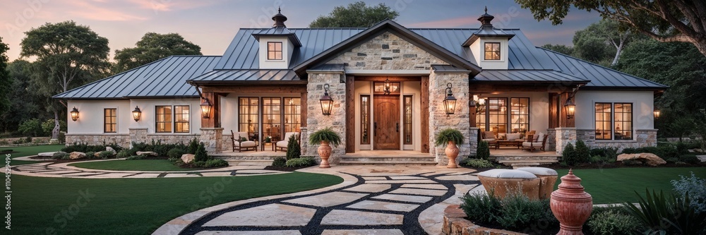 A charming farmhouse with natural stone and warm lighting welcomes you. A charming farmhouse with natural stone and warm lighting welcomes you.