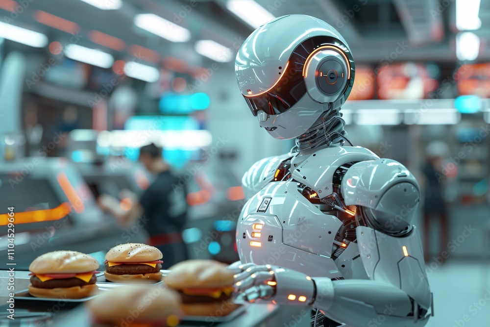 A humanoid robot assembles burgers in a modern fast food restaurant. Its metallic appearance and advanced technology highlight the integration of robotics in food preparation A humanoid robot assembles burgers in a modern fast food restaurant. Its metallic appearance and advanced technology highlight the integration of robotics in food preparation