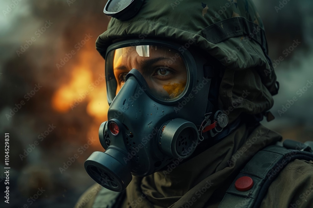 A close-up portrait image of a soldier in a gas mask A close-up portrait image of a soldier in a gas mask