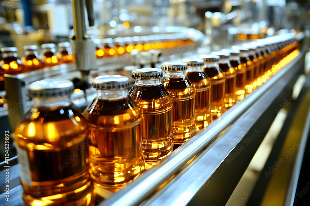 Amber Liquid Bottles Moving on Conveyor Belt in Factory Amber Liquid Bottles Moving on Conveyor Belt in Factory