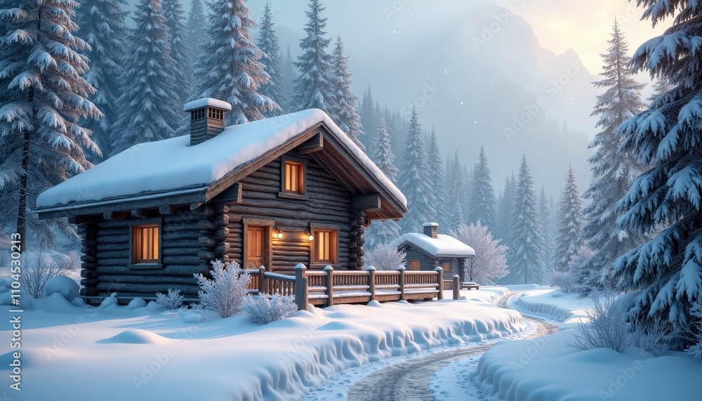 Naklejka premium Snowflakes drift gently around a remote wooden chalet, creating a perfect winter postcard.