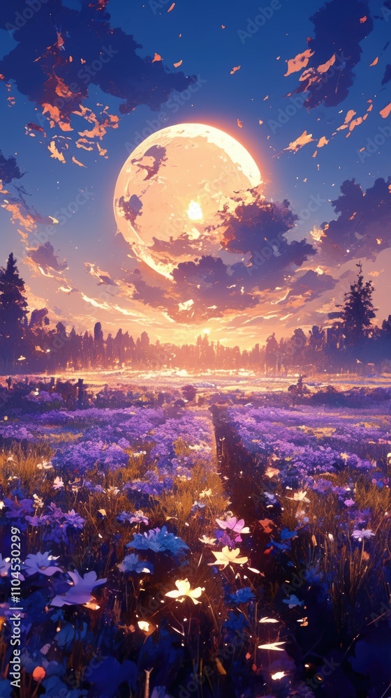 Naklejka premium anime purple flower field landscape moon sunset cloud y2k