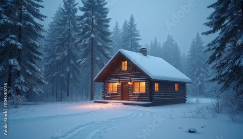 Glowing softly through frosted windows, a secluded cabin basks in the calm of a snowstorm.